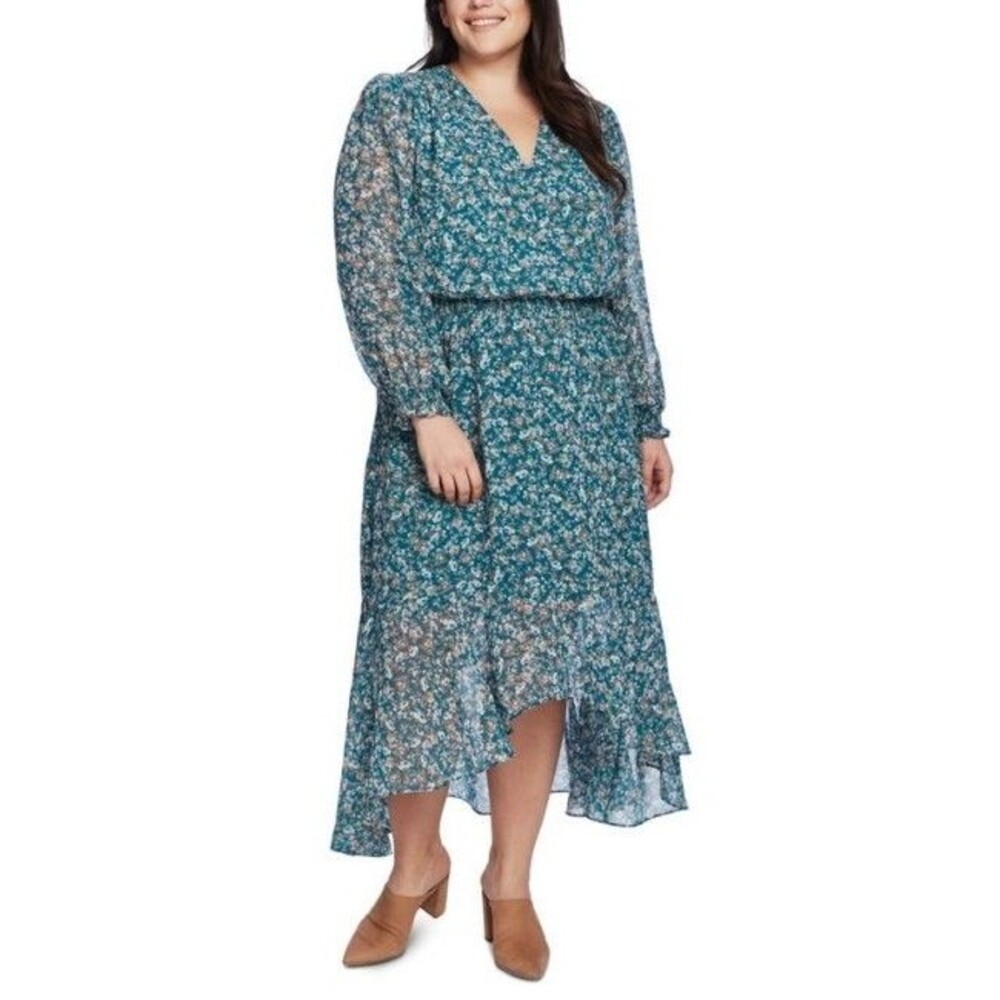 1.State Womens Plus 1X Green Veridian Blooms Floral High Low Dress NWT BX45
